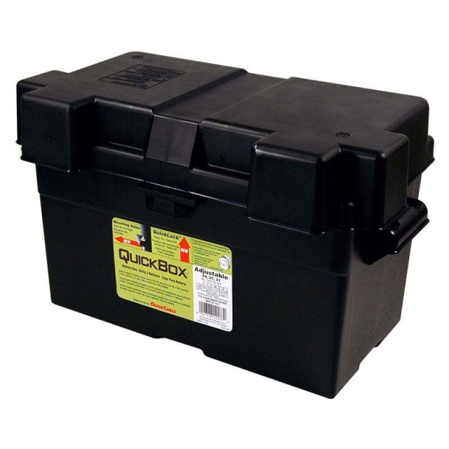 Adjustable plastic battery box for Group Size 24, 27 and 29 (31) batteries. Perfect for use  in marine applications. Made in the USA.