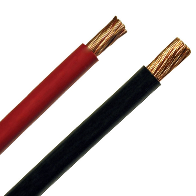 3/0 gauge battery cable available in red or black for heavy-duty starter, alternator, power and ground connections.
