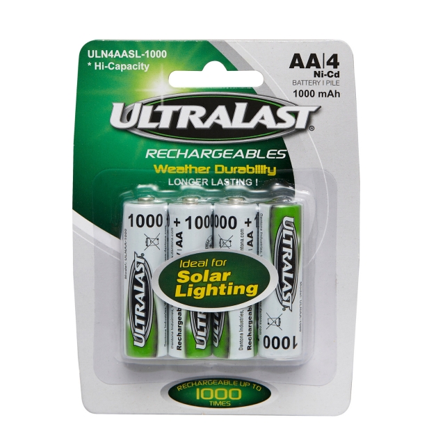 Ultralast ULN4AASL-1000 Rechargeable NiCD AA Batteries, 1.2V 1000mah