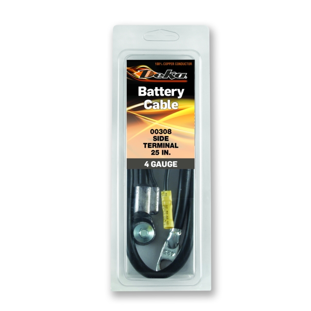 Deka 00308, Battery cable for side terminal batteries. Black, 4 Gauge (AWG) - 25." Side terminal to 3/8" stud.