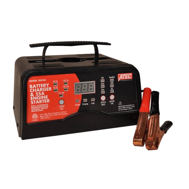 ATEC Model 3055A, 6 and 12 volt fully automatic bench battery charger with 55 amp cranking assist. 