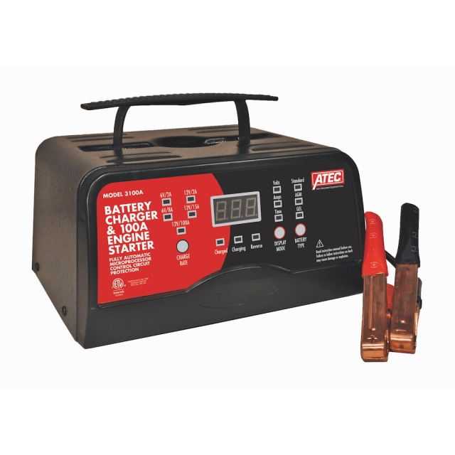 ATEC Model 3100A portable, bench top battery charger for 6 volt and 12 volt batteries with 100 amp engine start assist. 