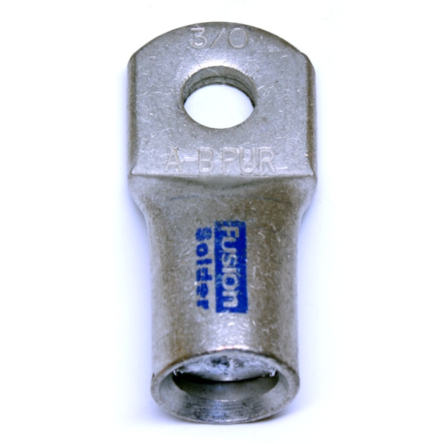 Fusion Solder Lug Connector, 3/0 AWG, 1/4", 5/16", 3/8", 1/2" Hole/Stud. Heavy Wall, Solder and Flux Preloaded. Made in USA.