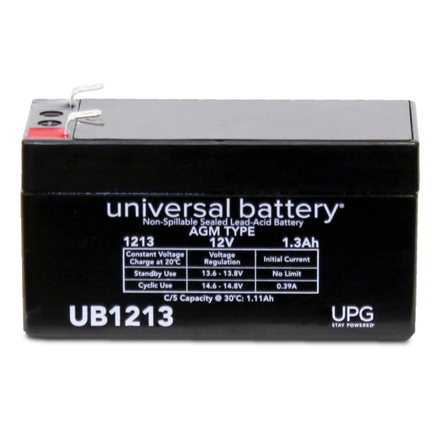 Universal UB1213 / D5738 Sealed Lead Acid Battery, 12 Volt 1.3 Amp Hour for battery back-up, alarms, security systems, exit signs and emergency lighting.
