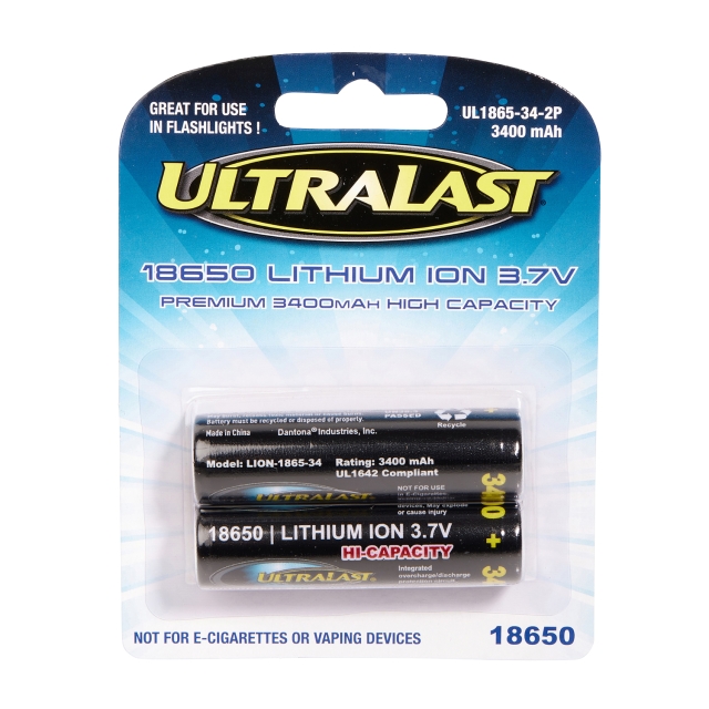Ultralast 3.7V 3400mAh 18650 Li-Ion Battery, 2 Pack