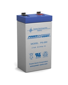 Power Sonic PS-260 - 2 Volt 6 Ah Sealed Lead Acid Battery, blue and gray case. 